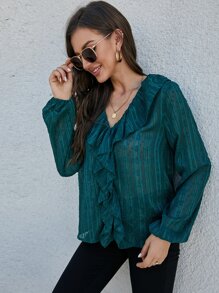 Ruffle Trim Swiss Dot Blouse - Dark Green - View 3
