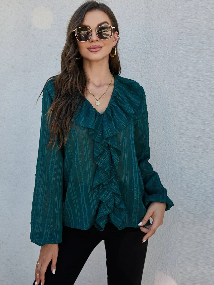 Ruffle Trim Swiss Dot Blouse - Dark Green - View 1