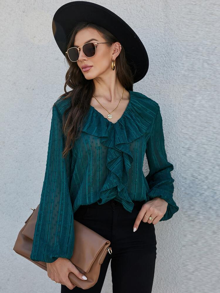 Blusa ribete con fruncido de lunares - Verde Oscuro - Añade 5