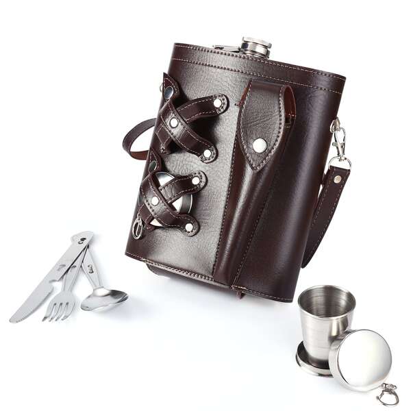 

4pcs Stainless Steel Hip Flask & Cup & Cutlery Set, Coffee brown