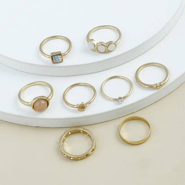

8pcs Rhinestone Decor Ring, Gold