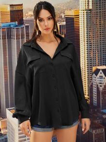 SHEIN Collared Flap Pocket Front Blouse - Black - View 1