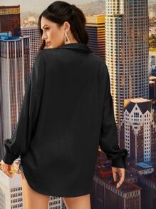 SHEIN Collared Flap Pocket Front Blouse - Black - View 2
