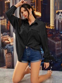 SHEIN Collared Flap Pocket Front Blouse - Black - View 3