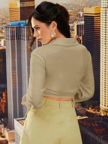 SHEIN Unity Áo sơ mi Collared Xù Mặt trước có nút Bên dây rút - Màu Khaki - Xem 2
