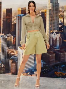 SHEIN Unity Áo sơ mi Collared Xù Mặt trước có nút Bên dây rút - Màu Khaki - Xem 5