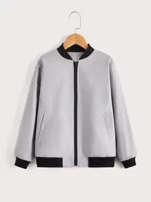 SHEIN Boys Contrast Trim Slant Pockets Bomber Jacket - Light Grey - View 1