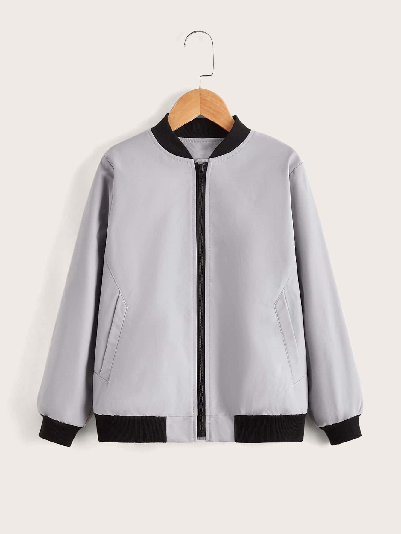SHEIN Boys Contrast Trim Slant Pockets Bomber Jacket - Light Grey - View 1