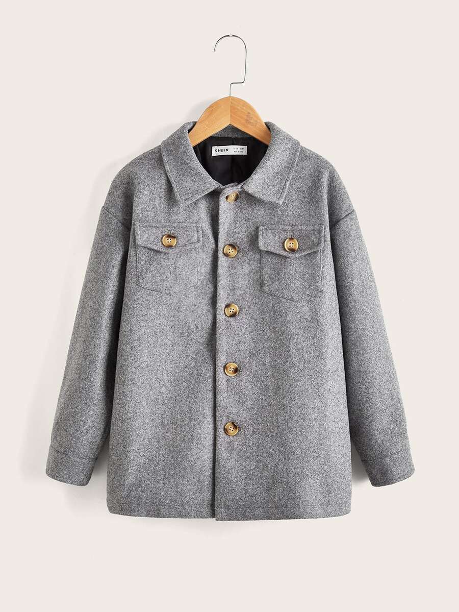 SHEIN Boys Flap Pocket Drop Shoulder Overcoat - Grey - View 1