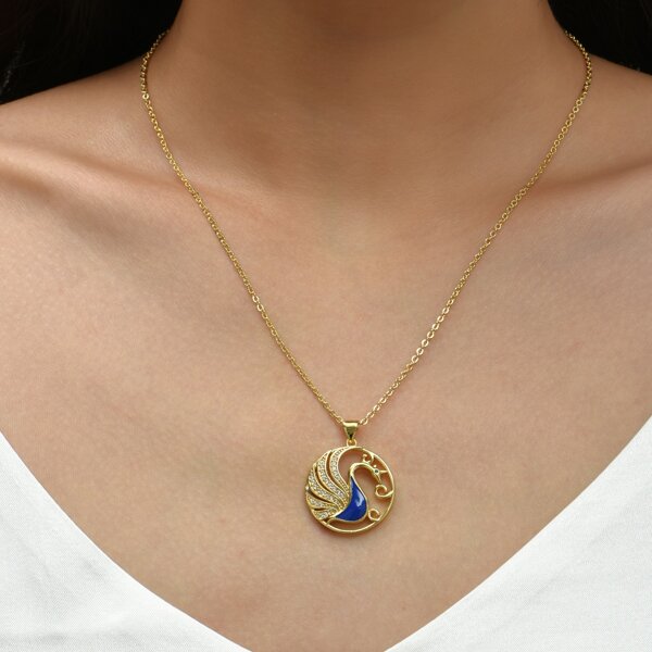 

18K Gold Plated Rhinestone Peacock Charm Necklace, Blue