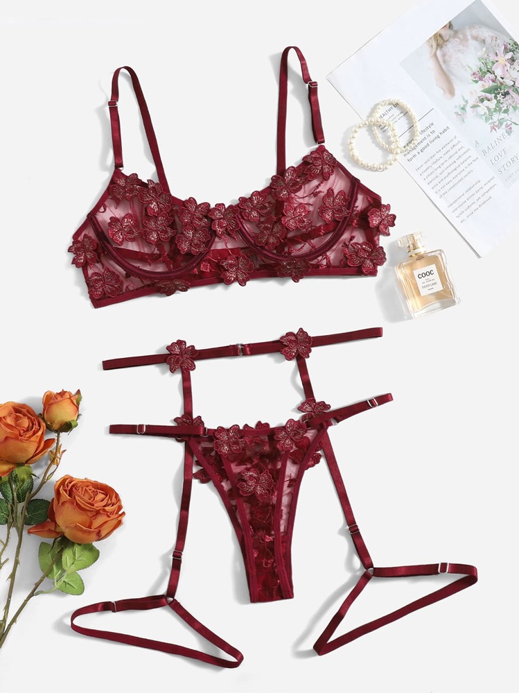 Floral Embroidery Mesh Underwire Garter Lingerie Set - Burgundy - View 1