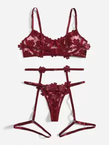 Floral Embroidery Mesh Underwire Garter Lingerie Set - Burgundy - View 2