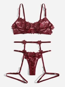 Floral Embroidery Mesh Underwire Garter Lingerie Set - Burgundy - View 3
