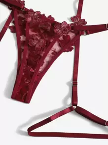 Floral Embroidery Mesh Underwire Garter Lingerie Set - Burgundy - View 4