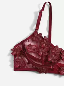 Floral Embroidery Mesh Underwire Garter Lingerie Set - Burgundy - View 5