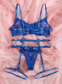 Floral Embroidery Mesh Underwire Garter Lingerie Set - Royal Blue - View 2