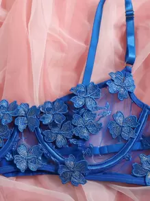 Floral Embroidery Mesh Underwire Garter Lingerie Set - Royal Blue - View 3
