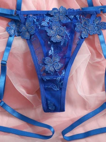 Floral Embroidery Mesh Underwire Garter Lingerie Set - Royal Blue - View 4