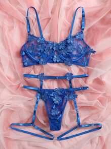 Floral Embroidery Mesh Underwire Garter Lingerie Set - Royal Blue - View 5