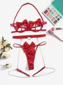 Cut-Out Bow Decor Underwire Garter Lingerie Set For Rave - Red - View 4