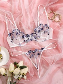 Conjunto De Lencería Con Braguitas Y Sujetador Con Aros De Malla Con Bordado Floral - Multicolor - Ver 1