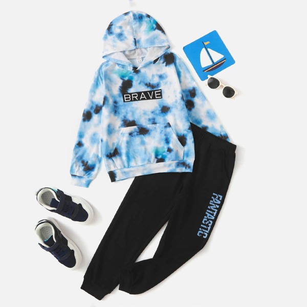 

Boys Tie Dye Letter Graphic Kangaroo Pocket Hoodie & Sweatpants, Multicolor