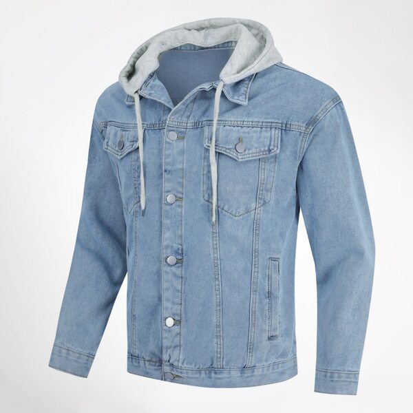 

Men Patch Pocket Drawstring Hooded Denim Jacket, Medium wash