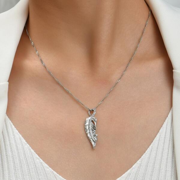 

Zircon Feather Charm Necklace, Silver