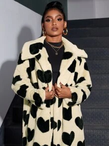 SHEIN X Belinda Abrigo con patrón de corazón largo de peluche - Multicolor - Ver 2