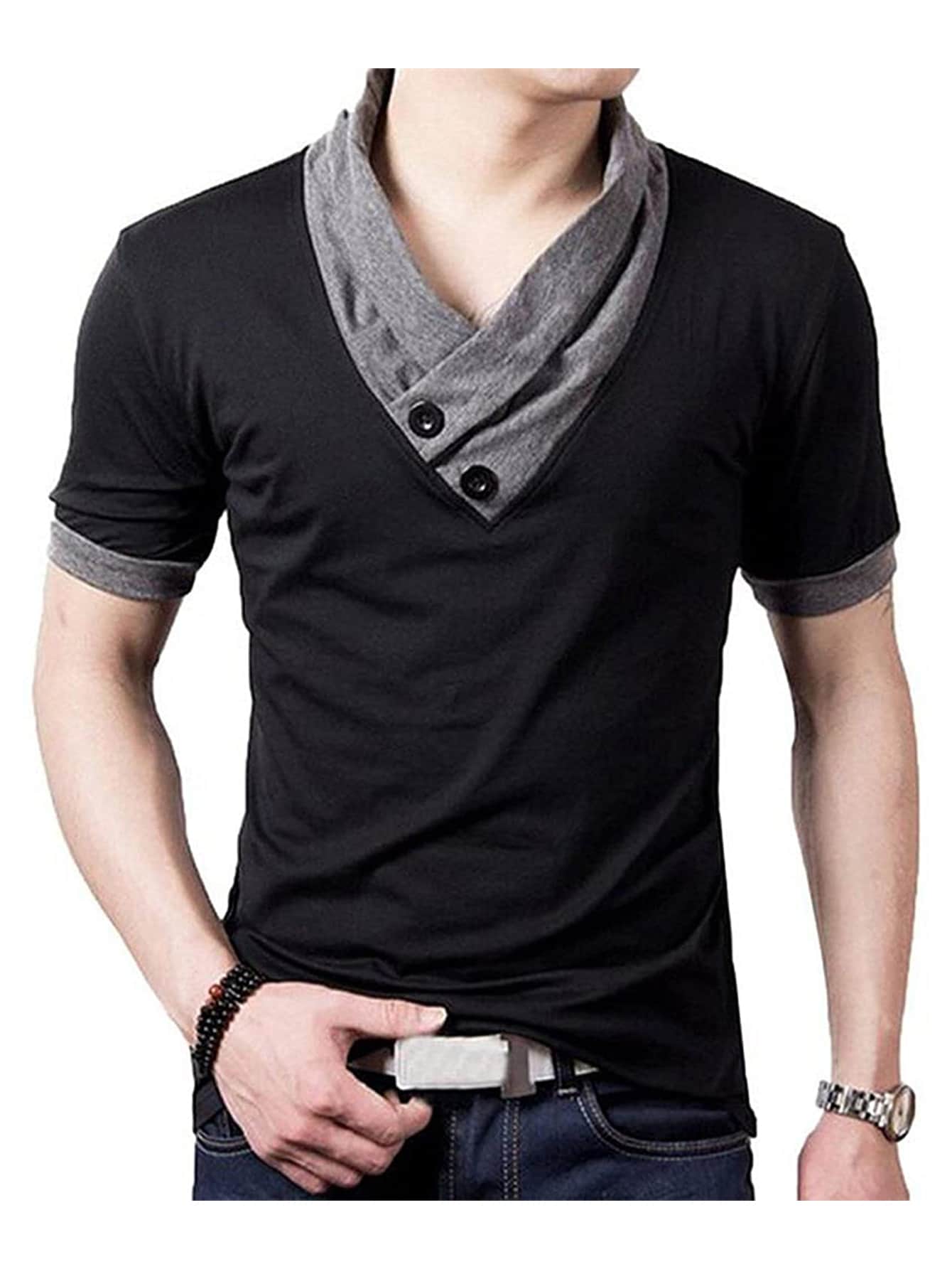 Men Colorblock V Neck Short Sleeve Tee - Black - View 1