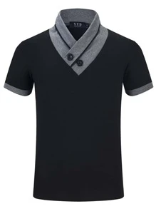 Men Colorblock V Neck Short Sleeve Tee - Black - View 4