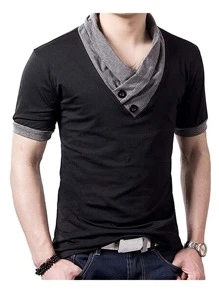 Men Colorblock V Neck Short Sleeve Tee - Black - View 5