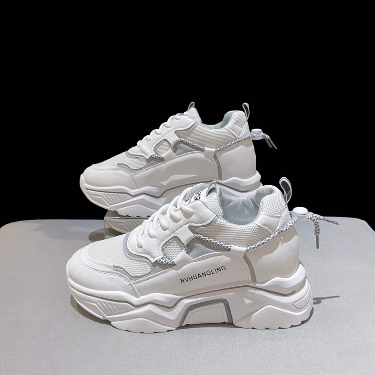 

Lace-up Front Mesh Panel Chunky Sneakers, Beige