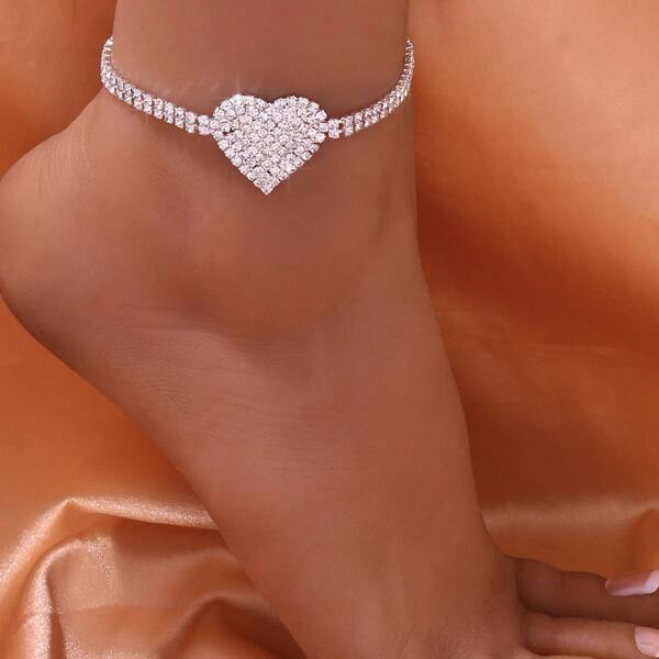 

Rhinestone Heart Decor Anklet, Silver