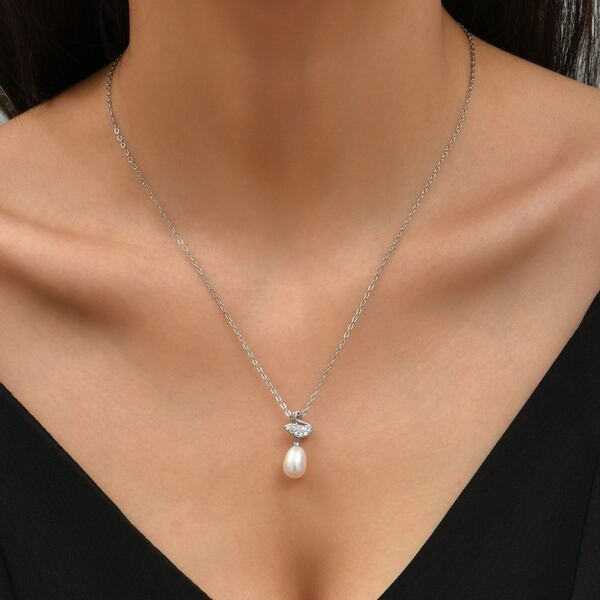 

Natural Pearl Charm Necklace, Silver