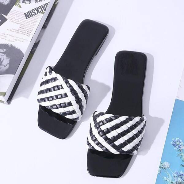 

Braided Colorblock Slide Sandals, Black and white