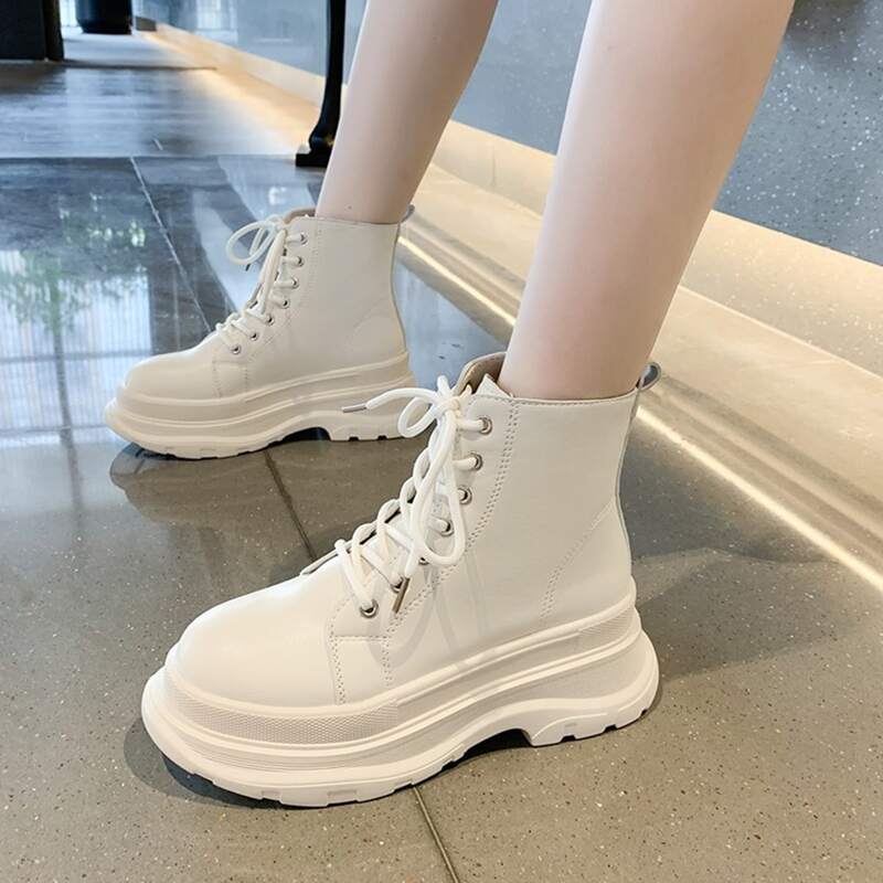 

Minimalist Lace Up Front Platform Boots, Beige