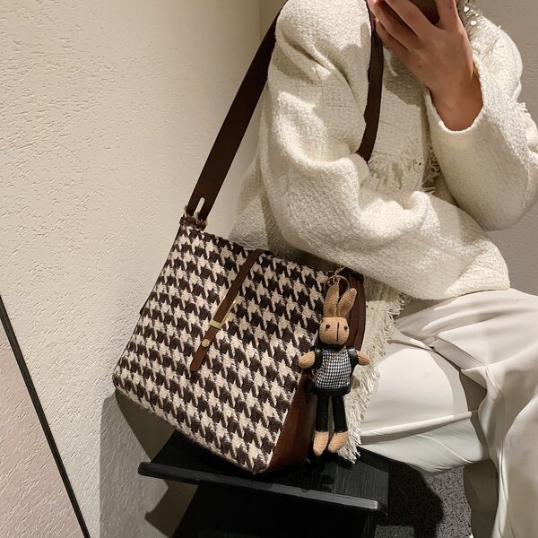 

Houndstooth Pattern Square Bag With Cartoon Rabbit Charm, Coffee brown