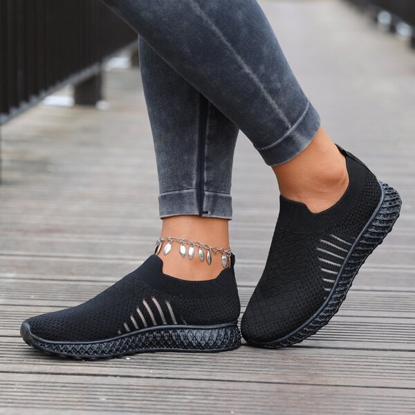 

Minimalist Mesh Panel Knit Slip On Sneakers, Black