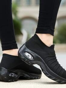 女款黑色針織襪式運動鞋，厚底，簡約運動步行鞋