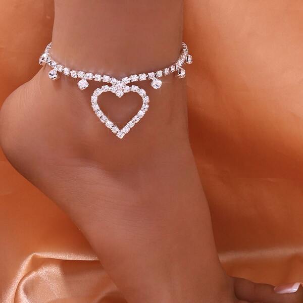 

Rhinestone Heart Decor Anklet, Silver
