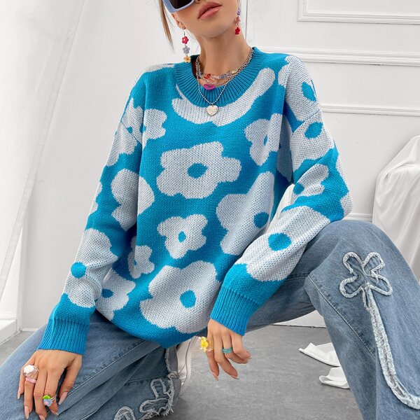 

Floral Pattern Drop Shoulder Sweater, Blue