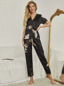 小鳥和花卉圖案蕾絲邊緞面睡衣套裝 - 黑色 - 查看 4