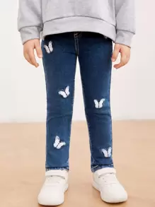 SHEIN Toddler Girls Quần Jeans Nút Dây kéo Loại bướm - Rửa tối - Xem 1