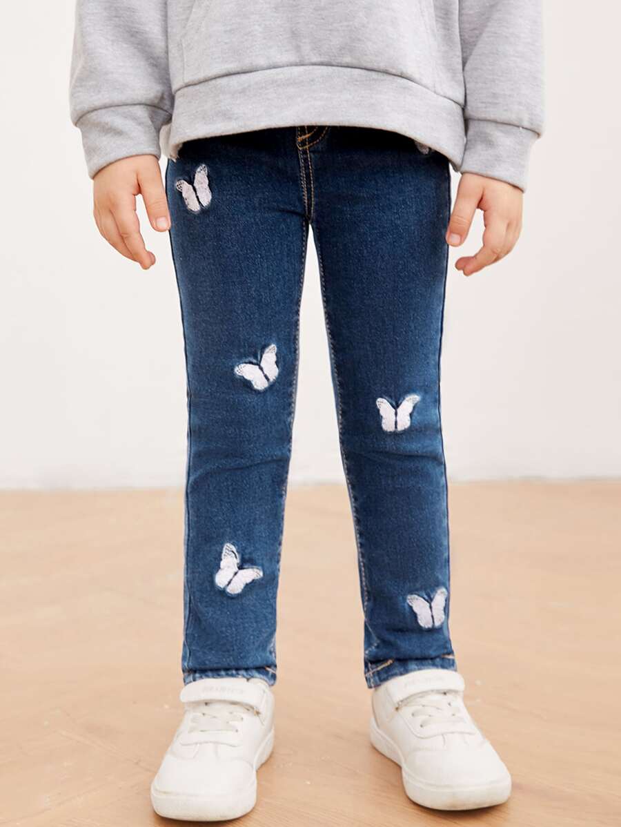 SHEIN Toddler Girls Quần Jeans Nút Dây kéo Loại bướm - Rửa tối - Xem 1