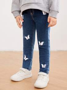 SHEIN Toddler Girls Quần Jeans Nút Dây kéo Loại bướm - Rửa tối - Xem 3