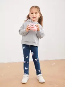 SHEIN Toddler Girls Quần Jeans Nút Dây kéo Loại bướm - Rửa tối - Xem 4