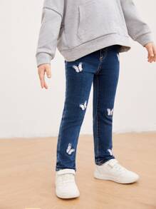 SHEIN Toddler Girls Quần Jeans Nút Dây kéo Loại bướm - Rửa tối - Xem 5