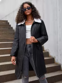 SHEIN EZwear Borg Collar Slant Pockets Drop Shoulder Padded Coat - Black - View 1