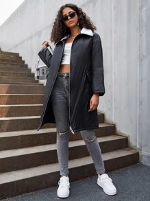 SHEIN EZwear Borg Collar Slant Pockets Drop Shoulder Padded Coat - Black - View 2